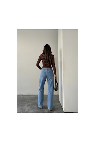 Blue Marlın Çift Diz Lazer Yırtık Boyfriend Bol Paça Jeans Mavi