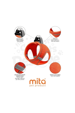 Mita Air Mesh Kedi Köpek Göğüs Tasması Çift Reflektörlü, Terletmeyen Neon Turuncu