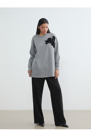 Lcwaıkıkı Classic Antrasit Çiçek Aplikeli Oversize Kadın Sweatshirt Tunik