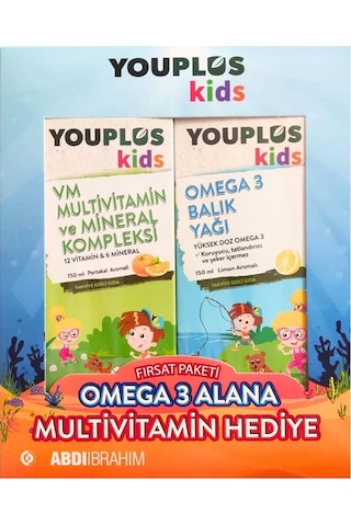 Youplus Kids Omega 3 Balık Yağı 150 Ml + Kids Vm 150 Ml - Omega 3 Alana Multivitamin Hediye Etiketli