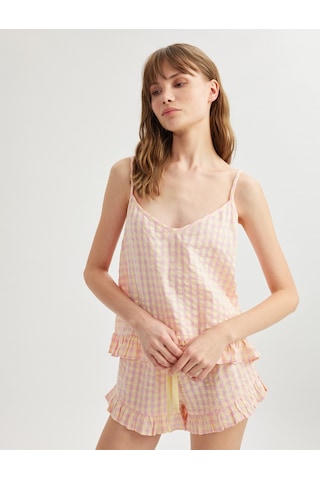 Koton Rahat Kalıp V Yaka Pötikareli Askılı Fırfırlı Pijama Üstü Pembe Desenli 5slk90019mw Pembe Desenli