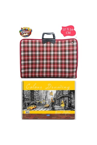 35x50 Cm Resim Çantası + 35x50 Resim Defteri Askılı - Fermuarlı Ekoseli Desen