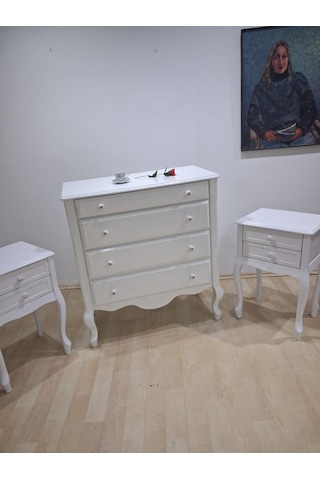 Şifonyer 2 Adet Komodin 90668 Model Aslan Ayak Kayın Parlak Beyaz Porselen Kulp