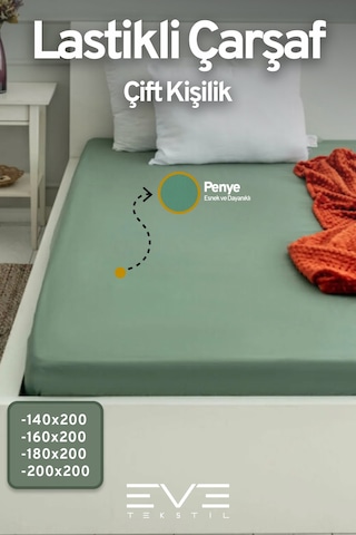 Eve Tekstil Fitted Yüksek Kaliteli Penye Kumaş Çift Kişilik Lastikli Çarşaf Yeşil