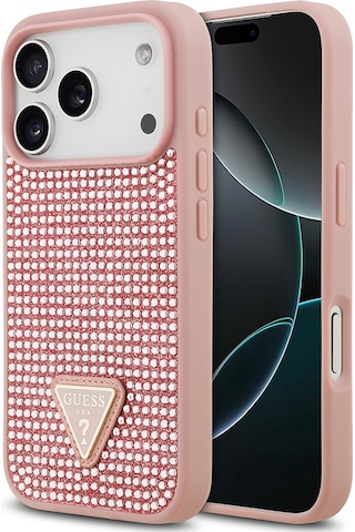Apple Uyumlu iPhone 17 Pro Kılıf Guess Lisanslı Taşlı Arka Yüzey Üçgen Logolu Kapak Pembe