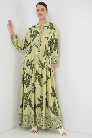 Gabria Ön Düğmeli Desenli Viskon Elbise Fıstık Yeşili