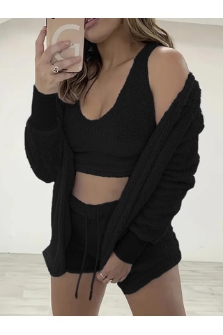 Modaserdem Kadın Uzun Kollu Ceket, Askılı Peluş Bluz Ve Şort Üçlü Takım Siyah