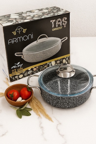 Taş Granit 26 Cm Basık Pilav Tenceresi Yanmaz Yapışmaz, Döküm Granit - Kaliteli Ürün-3 Gri