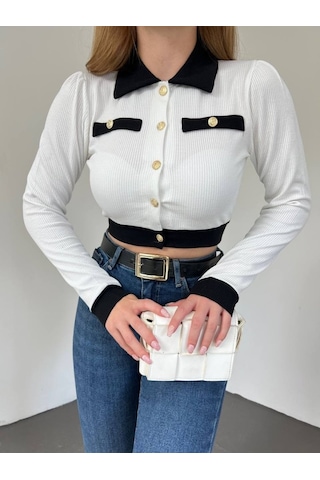 Düğmeli Cep Detaylı Crop Hırka -beyaz Karışık