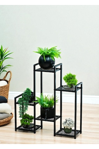 Dekoratif Metal 6 Raflı Saksılık Katlı Dikey Saksı Standı Çiçeklik Bahçe Ve Balkon Dekoru Garden Siyah