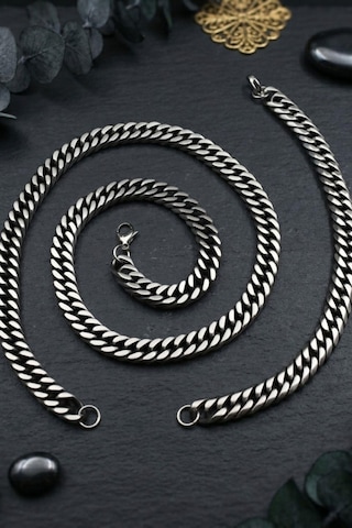 Paslanmaz Çelik Gemici Model Erkek Kolye Zincir Ve Bileklik Set 10mm 902924 Gümüş