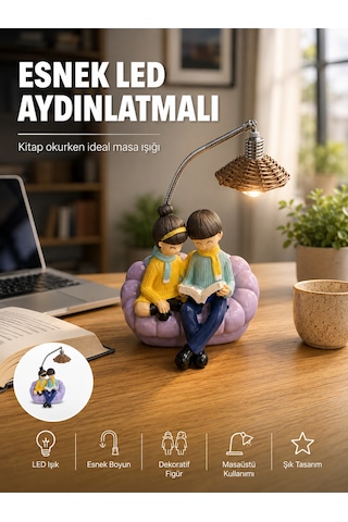 Okuyan Çift Figürlü Dekoratif Gece Lambası Hediye Seçeneği Çokrenkli