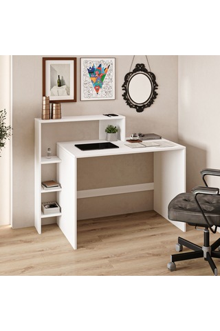 Amber Çalışma Masası Raflı, Modern Bilgisayar Masası Beyaz