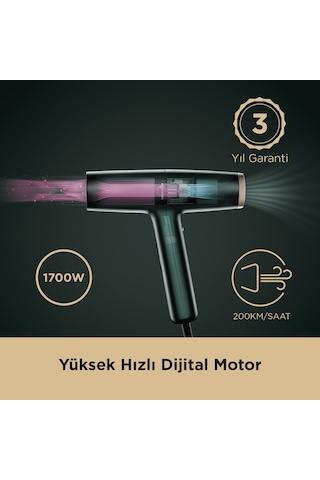 BaByliss Air Power Pro Dijital 1700w Motor İyon Etkili Yüksek Hızlı 4 Isı Ayarlı Saç Kurutma Makinesi D6555de