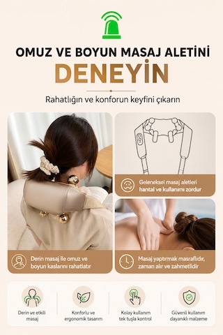 Boyun Ve Omuz Masaj Aleti Isıtmalı Derin Doku Masaj Cihazı 6 Masaj Başlıklı Ergonomik Tasarım Bej