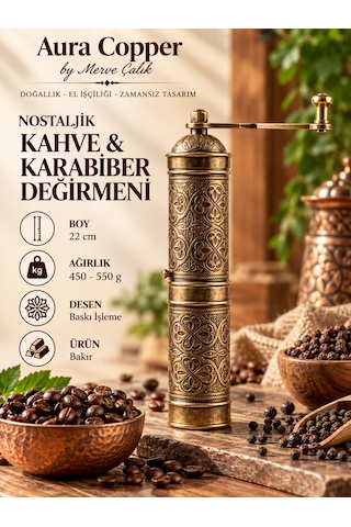Aura Copper Nostaljik Manuel Kahve Karabiber Değirmeni 22 Cm Bakır Öğütücü - Altın - Çok Renkli