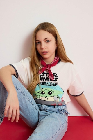 DeFacto Kız Çocuk Star Wars-Mandalorian Relax Fit Bisiklet Yaka Ribana Kısa Kollu Tişört E0478A825SPER99 Ekru