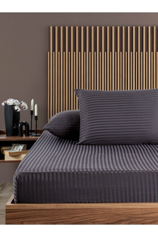 Pamuklu Çizgili Saten Çift Kişilik Lastikli Çarşaf Seti 180x200 Antrasit