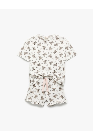 Koton Pamuklu Ayıcık Baskılı Kısa Kollu Bisiklet Yaka Pijama Takımı Ekru Desenli 5slk40196mk