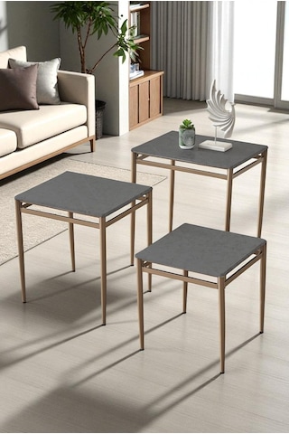 Damrin Serisi Traverten Desen 1. Sınıf Mebran Mdf 3 Lü Zigon Sehpa Takımı Gri Traverten Desen - Bronz Ayak