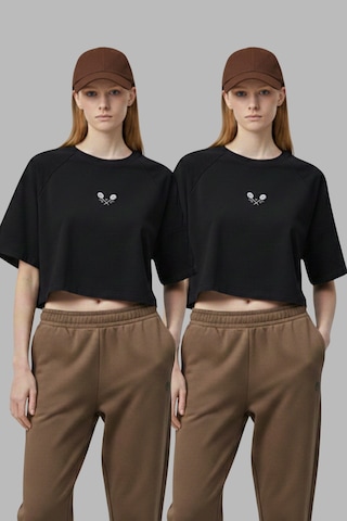 Soft&Basic Kadın 2'li Nakışlı Regular %100 Organik Pamuk Yuvarlak Yaka Kısa Crop T-shirt Siyah-siyah