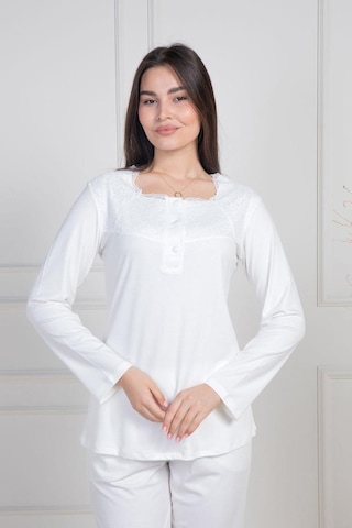 Mecit 6104 Bayan Ekru Büyük Beden Uzun Kollu Pijama Takımı Ekru