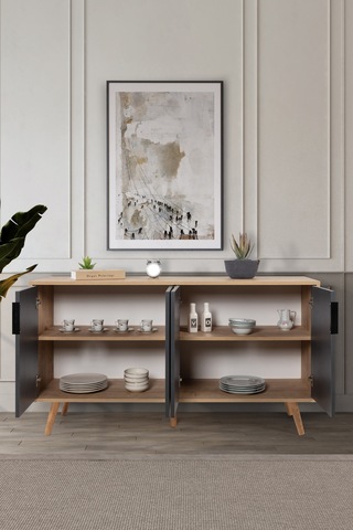 4516 Sırma 150 Cm Ahşap Ayaklı , Metal Kulplu Konsol , Safir - Antrasit , Salon , Oturma Odası Safir - Antrasit