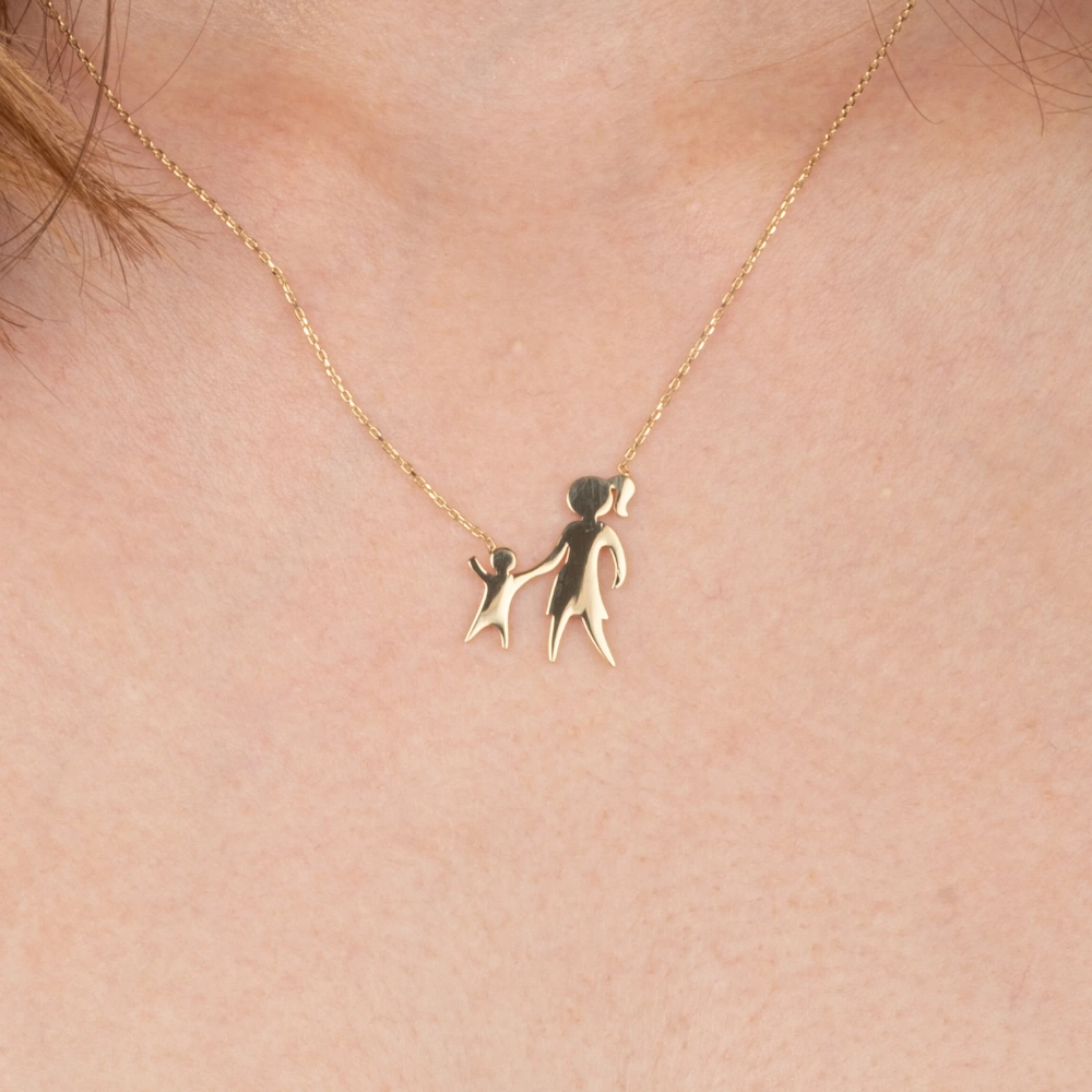 Gümüş Kolye - Anne Kız 925 Ayar Gümüş Kolye Sarı