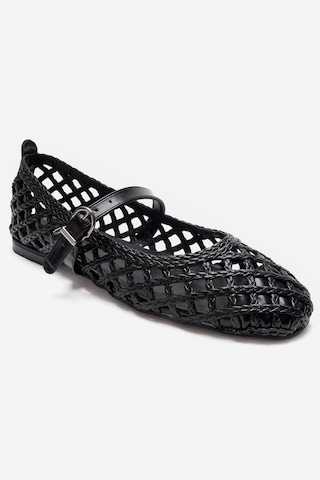 Luvishoes Doux Siyah Örgü Dokulu Bant Detaylı Kadın Babet Ayakkabı Siyah