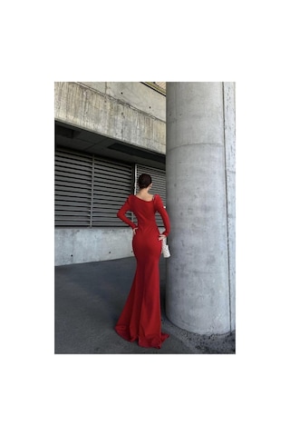 Lior Design Kadın Şık Model Kayık Yaka Taş Detaylı Uzun Kollu Abiye Elbise Kırmızı