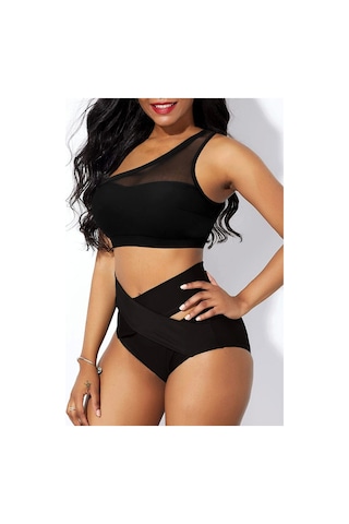 Kadın Siyah Yüksel Bel Tül Detaylı Sütyen Külot Takımı Siyah