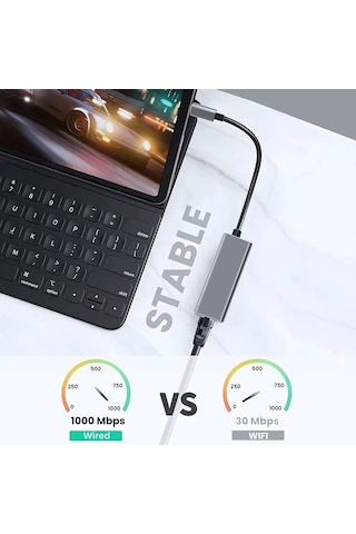 JFIND Usb Type C Adaptör RJ45 Ethernet Dönüştürücü Metalik Gri