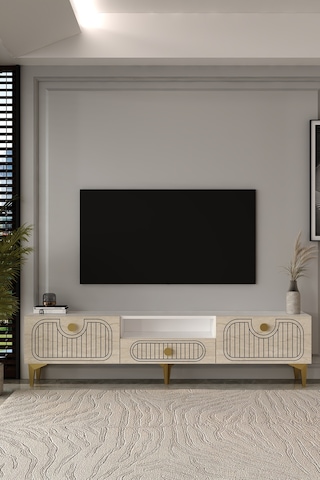 180dhdtsç3bta Hera Lazer Desenli Kapaklı Tv Sehpası,ünitesi Beyaz-traverten-altın