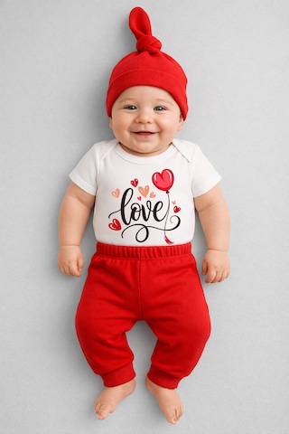 Babyden's Love Baskılı 3 Lü Bebek Takımı Kısa Kol Çıtçıtlı Body,pantolon Ve Şapka Set Kırmızı - Beyaz