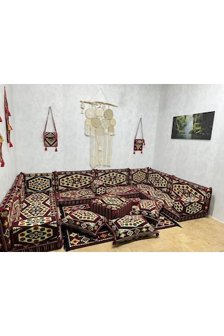 Coton Şark Köşesi Yörük Desen Minder Takımı Bordo 23 Parça
