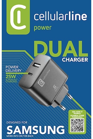 Cellularline Samsung Uyumlu 25W Dual Port Super Fast Şarj Adaptörü