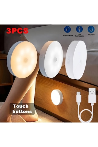 Honeybeeshop 3 Adet Hareket Sensörlü Sıcak Beyaz Usb Led Işıklar Ayarlanabilir Parlaklık Tuvalet Depolama Dolap Merdiven Koridor Ofis Sıcak Beyaz