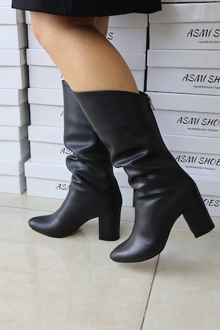 Asmi Shoes Kadın Kimber Siyah Körüklü 7 Cm Topuklu Arkadan Fermuarlı Sivri Burun Kalın Topuk Çizme