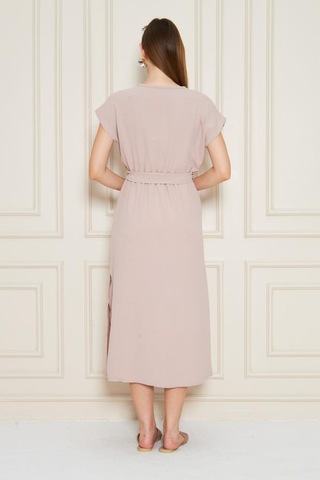 Kadın Kruvaze Yaka Cepli Derin Yırtmaçlı Beli Lastikli Aerobin Günlük Yazlık Elbise 3764341 Pudra