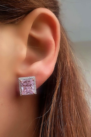 Sky Diamond Pink Aleksandrit Taşlı 925ayar Gümüş Beyaz Altın Kaplama Lüks Baget Küpe Gümüş