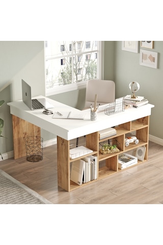 Yurudesign Tywin Kitaplık Raflı Çalışma Masası Çam-Beyaz