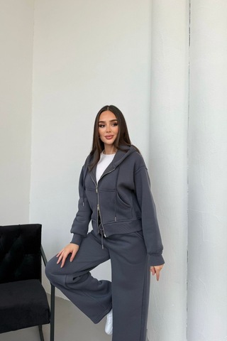 Mezka Kadın Çift Fermuar Detaylı Kapüşonlu Kışlık Şardonlu Oversize Eşofman Takımı Füme