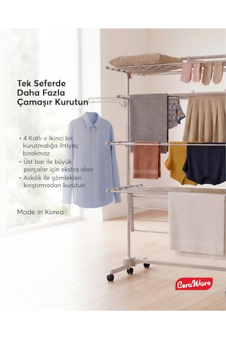 Home S4 Premium 4 Katlı Çamaşırlık Made in Korea Tam Katlanır Tekerlekli Çamaşır Kurutmalık