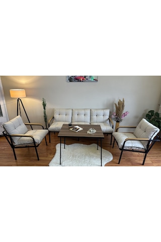 Modern Style Home Modern Kadıköy Balkon, Bahçe, Cafe - Metal Kanepe Koltuk Takımı - 3+1+1+masa Krem Modernk027 Krem