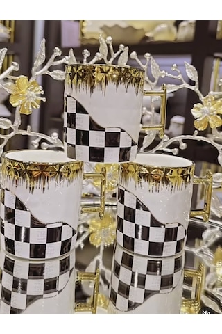 Damalı Porselen Kupa Bardak Gold