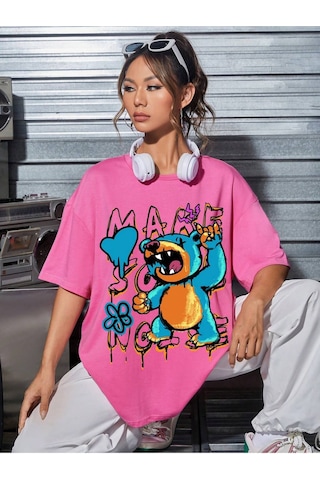 Noıssey Karikatür Ve Grafik Tasarım Oversize T-shirt Cartoon/letter Serisi Kod762 Pembe