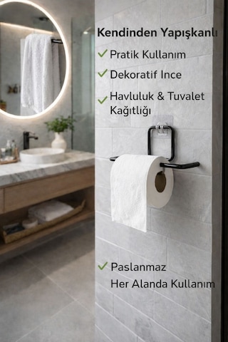 Buççin Online Mağaza Yapışkanlı Tuvalet Kağıtlığı Tutacağı Askısı Mat Siyah Metal Tuvalet Kağıtlık Metal Siyah Çok Renkli