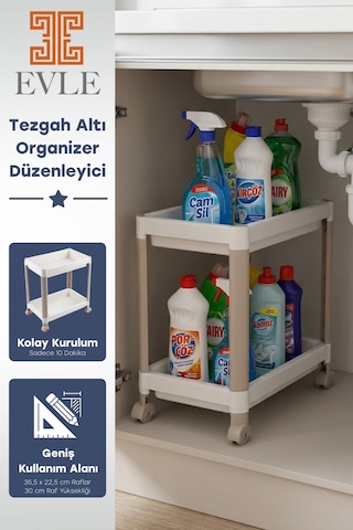 2 Katlı Tekerlekli Tezgah Altı Raf Düzenleyici Organizer, Banyo Lavabo Altı Düzenleyici "antrasit" Beyaz