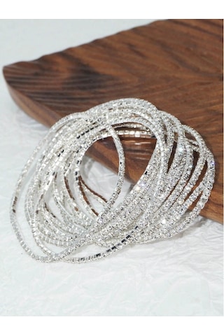 India Parlak Taşlı 3 Adet Minimal 925 Gümüş Kaplama Esnek Bileklik Çok Renkli