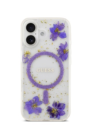 Apple Uyumlu iPhone 17 Kılıf Guess Lisanslı M-safe Özellikli Transparan Resin Flowers Kapak Mor Mor